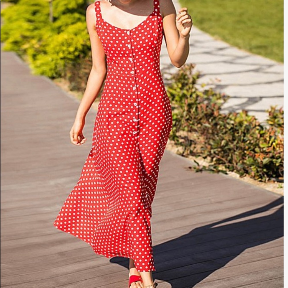 Red & White Polka Dot button up Maxi dress